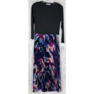 NWT Robbie Bee Petite Small Dress Black Ribbed Top Blue Purple Watercolor Bottom